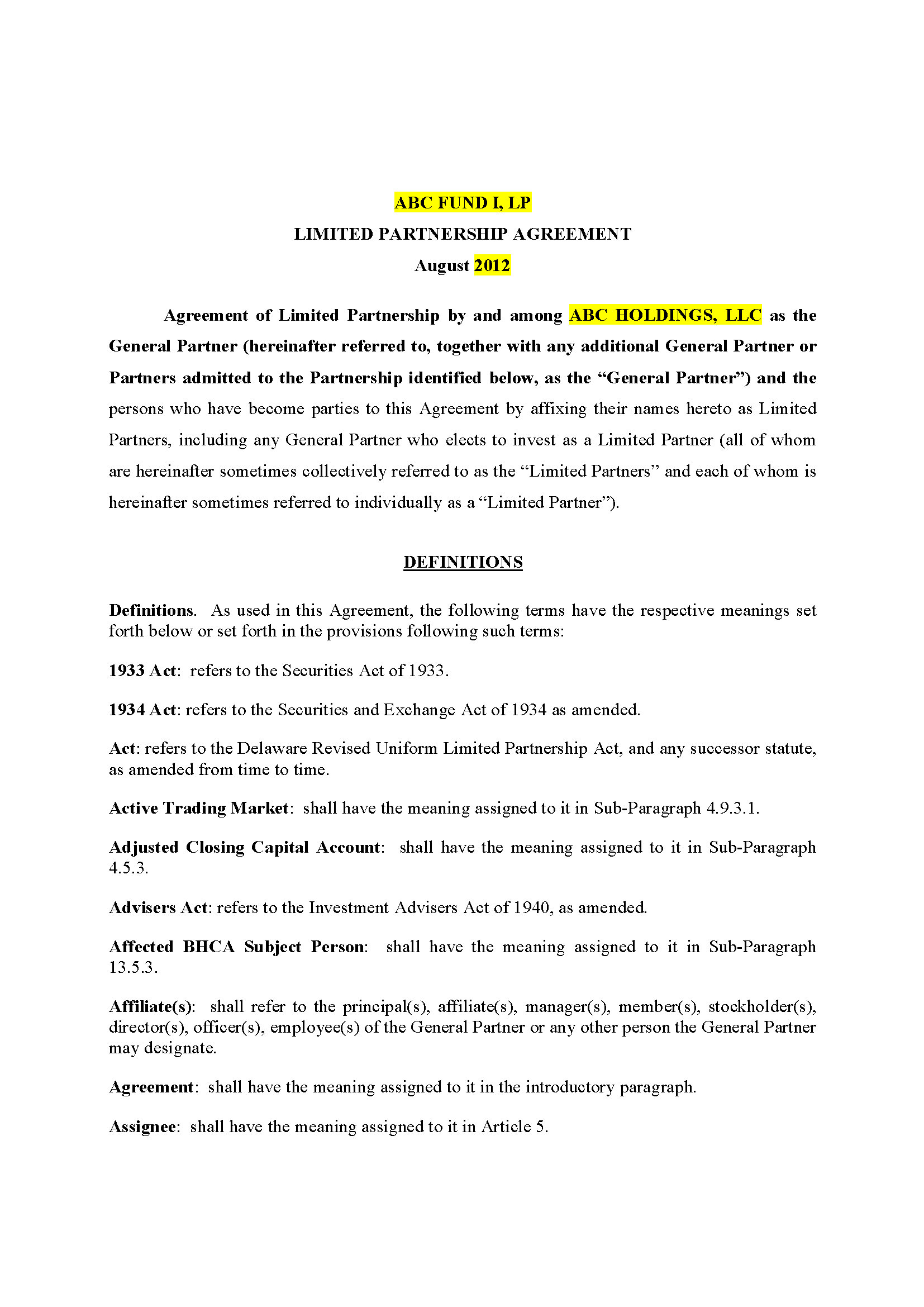 Florida Limted Partnership Agreement (45 pg)Private Placement Memorandum